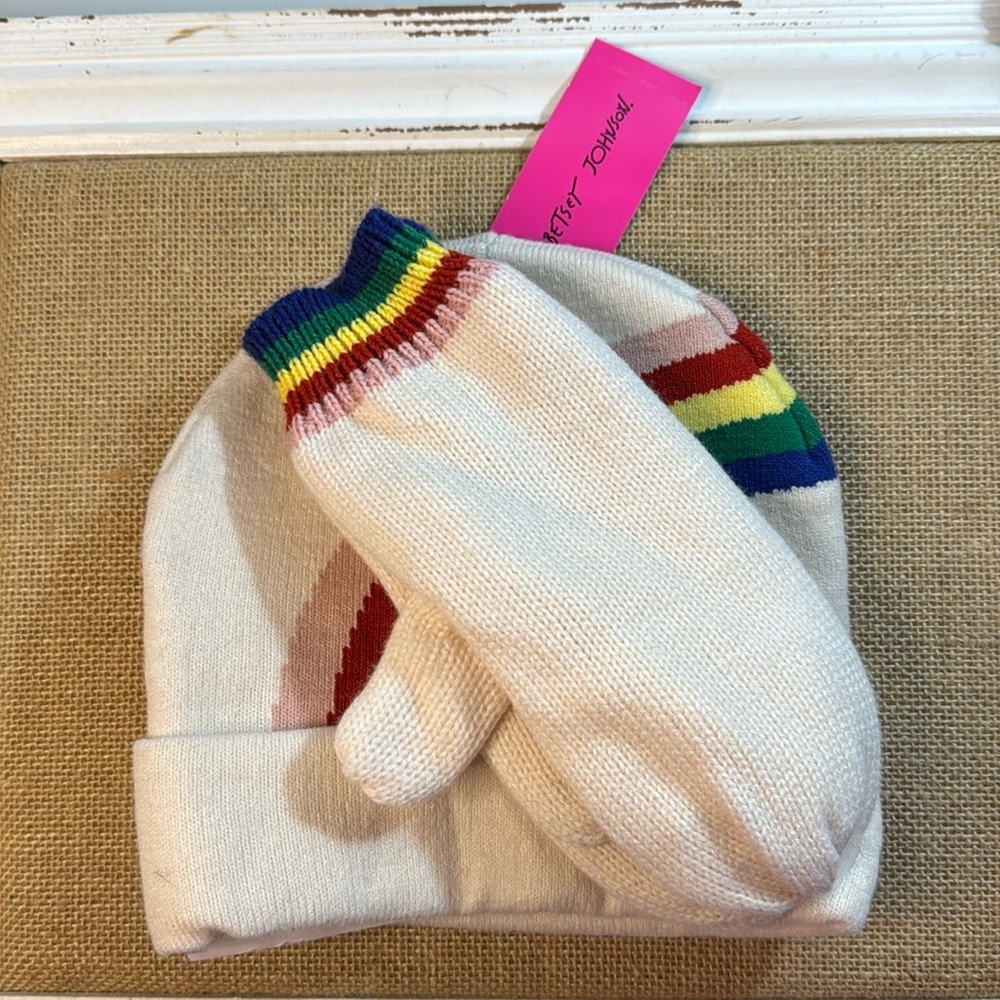 Betsey‎ Johnson Hat & Glove White w/ Multicolor Rainbow Stripes Knit Beanie NWT